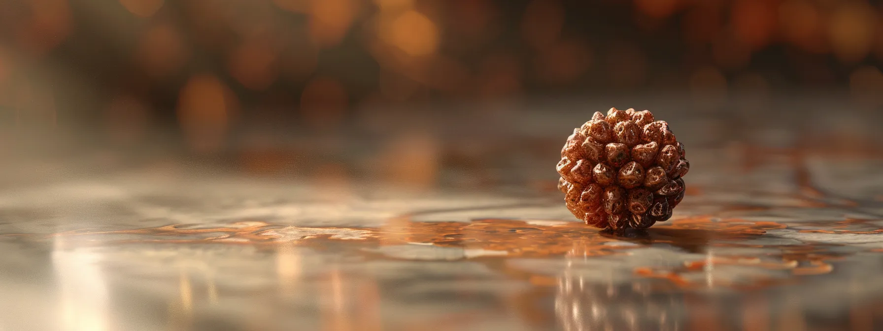 a close-up photo of an overly polished eleven mukhi rudraksha bead with no authenticity certificates, hinting at potential counterfeit.