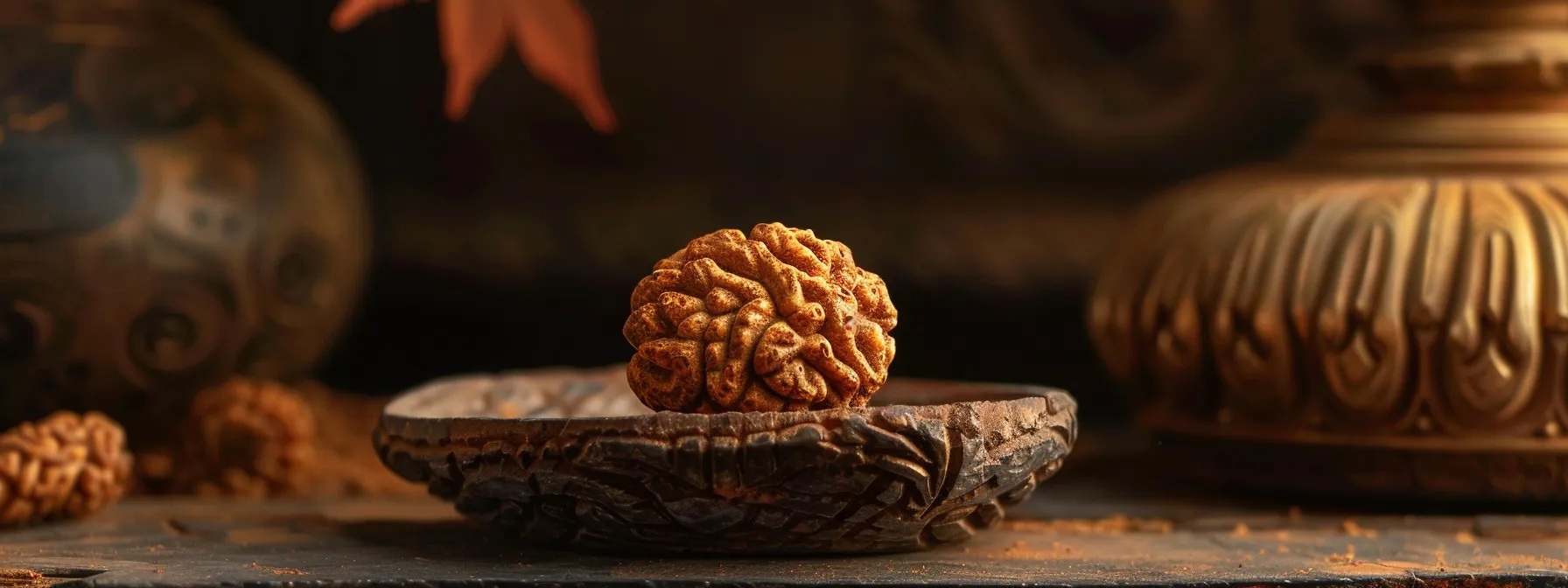 a close-up photo of a single, authentic one mukhi rudraksha showcasing its natural facets and texture, highlighting its unique physical characteristics.