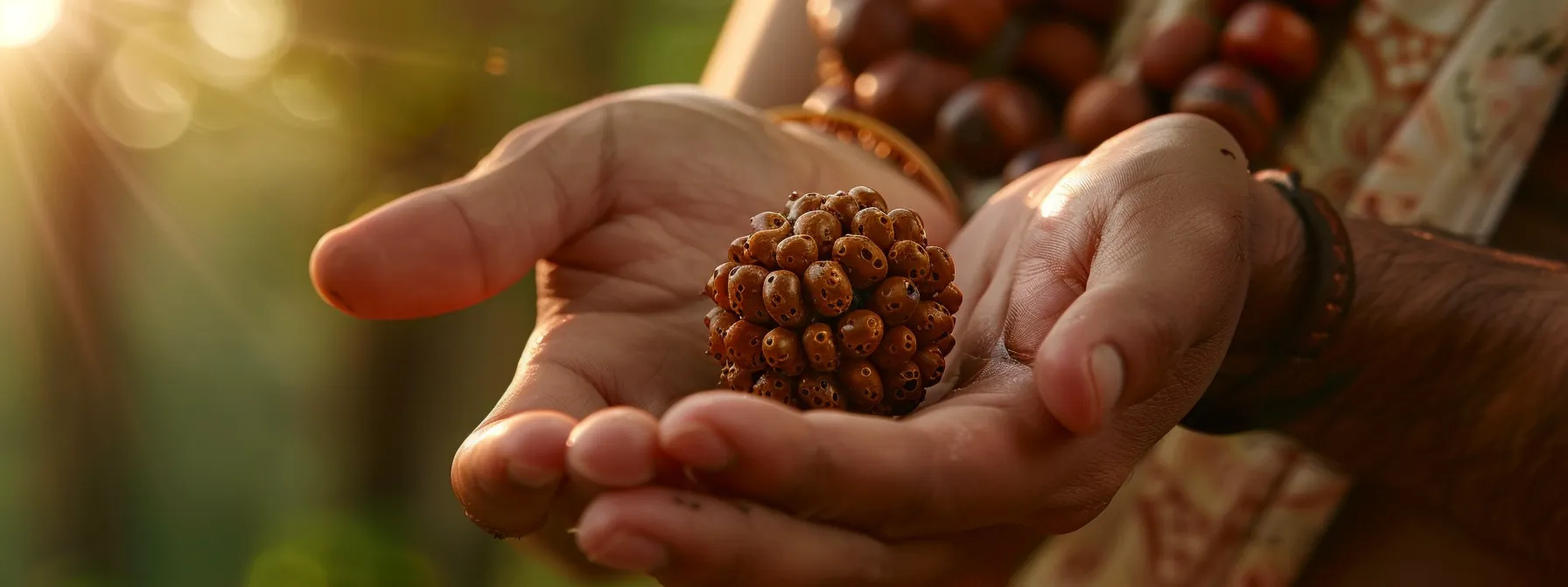 a close-up shot of a serene person gently placing the energized six mukhi rudraksha around their neck, radiating a sense of spiritual connection and tranquility.