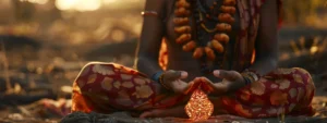 a close-up shot of a serene person meditating with a glowing five mukhi rudraksha bead around their neck.