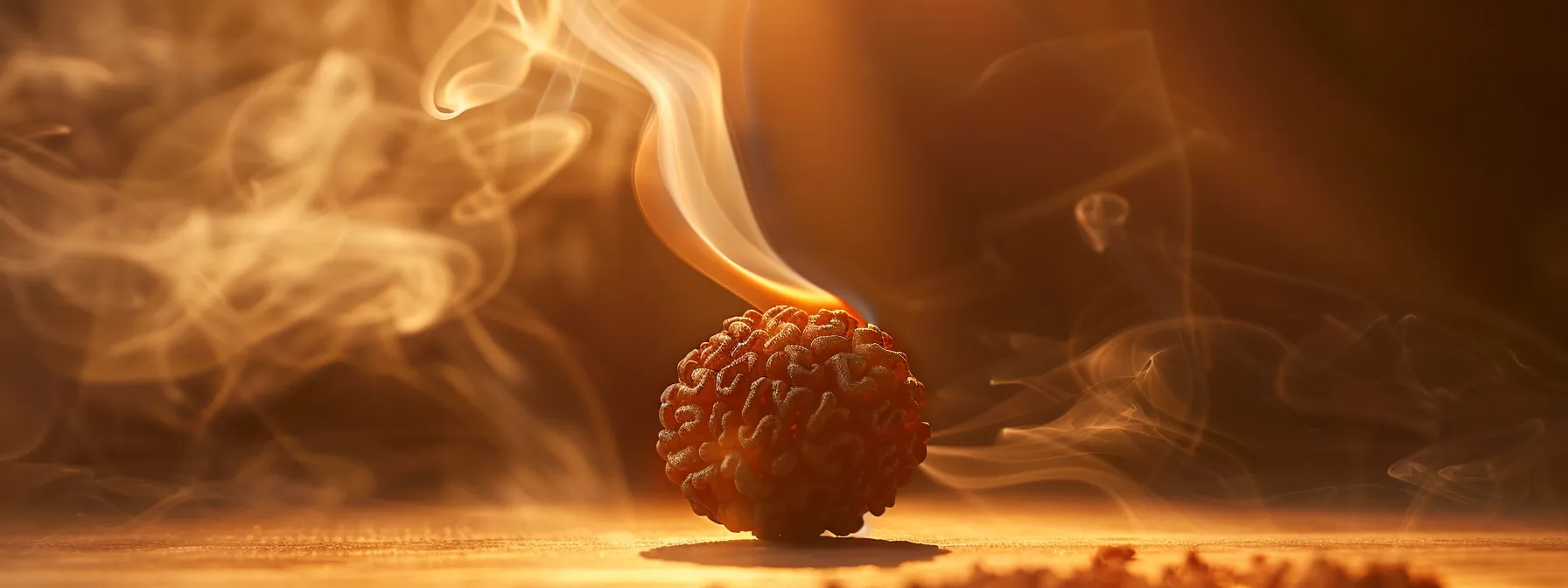 a close-up of a shimmering three mukhi rudraksha bead, surrounded by incense smoke and glowing with spiritual energy.