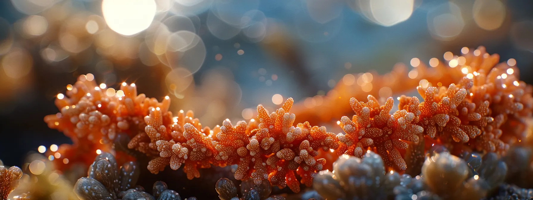 a close-up shot of a coral bracelet glinting in the sunlight, exuding a sense of tranquility and healing energy.