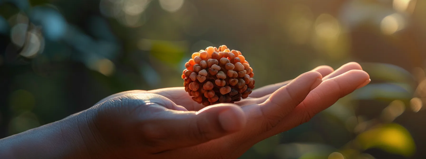 a close-up of a radiant, textured sixteen mukhi rudraksha held in a hand under soft natural lighting, showcasing its intricate details and authenticity.