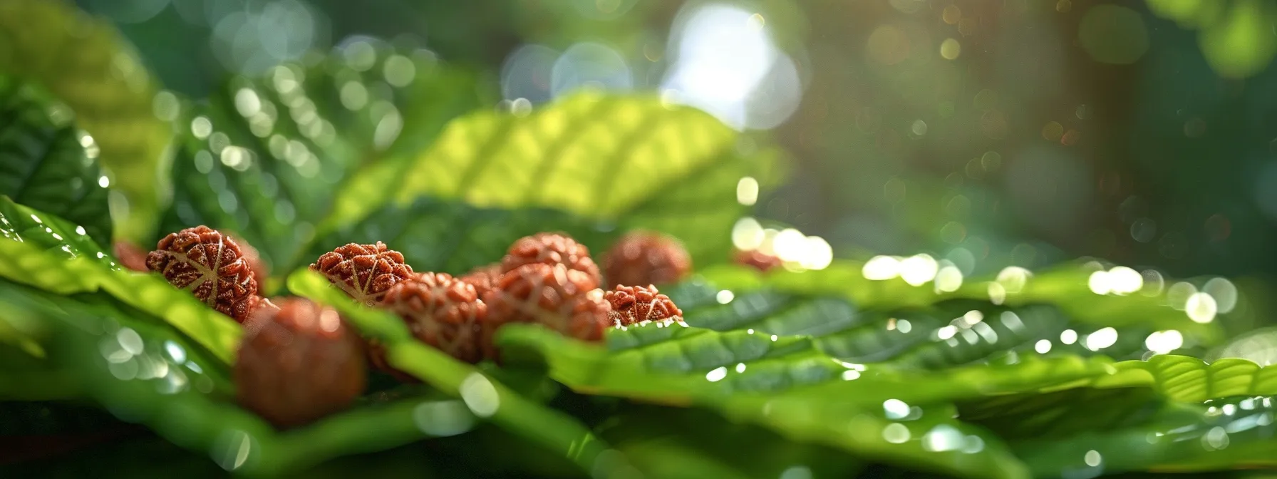 a close-up of vibrant, clean rudraksha beads resting on a bed of fresh green leaves, exuding a sense of spiritual purity and energy.