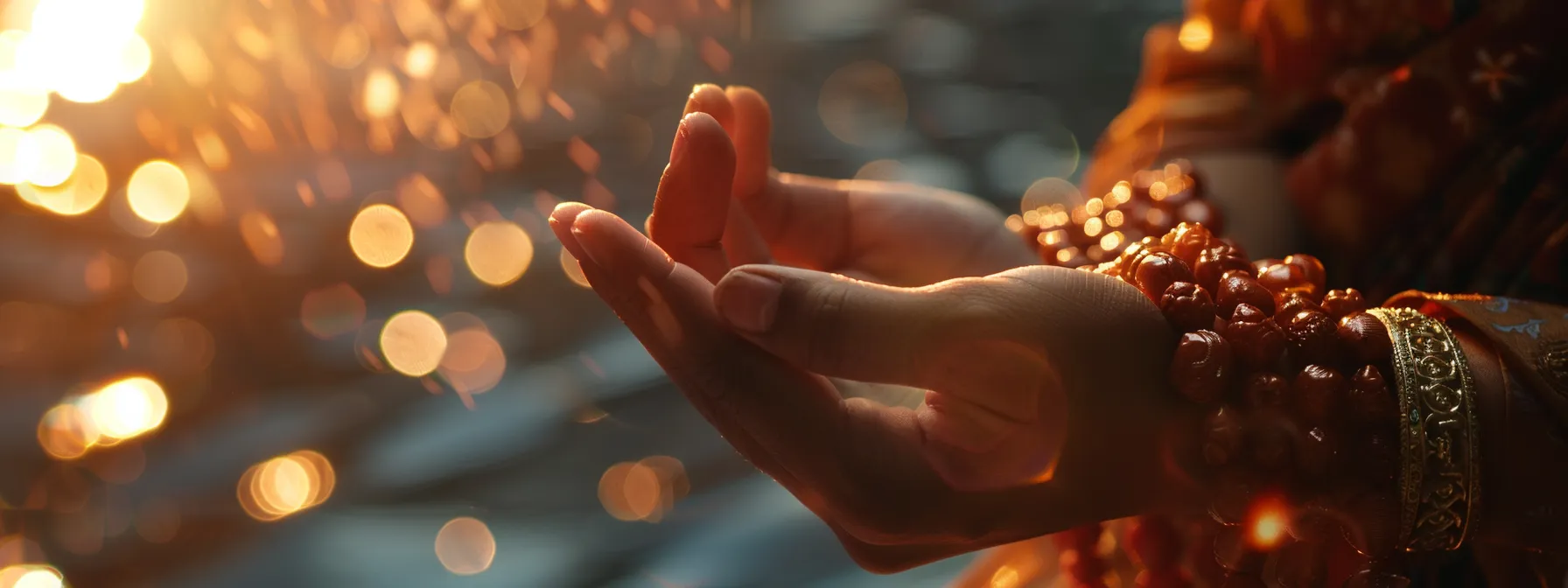 a close-up photo of a serene person meditating with a string of gleaming rudraksha beads wrapped around their wrist, reflecting a tranquil aura of focus and mental clarity.