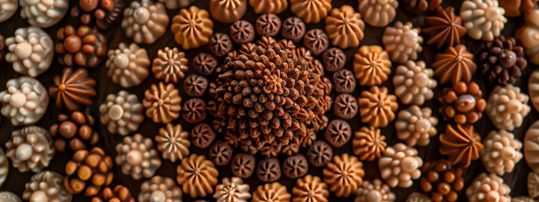 a close-up of different types of rudraksha beads arranged in a circular pattern, showcasing their intricate details and symbolic significance.