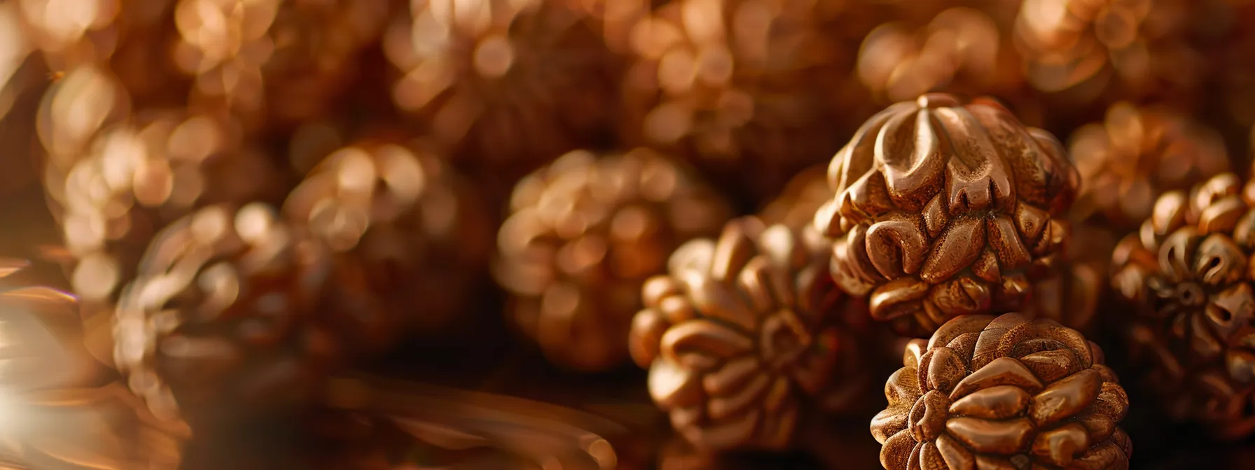 a close-up photo of a four mukhi rudraksha bead, showcasing its intricate four-faced design and spiritual significance.