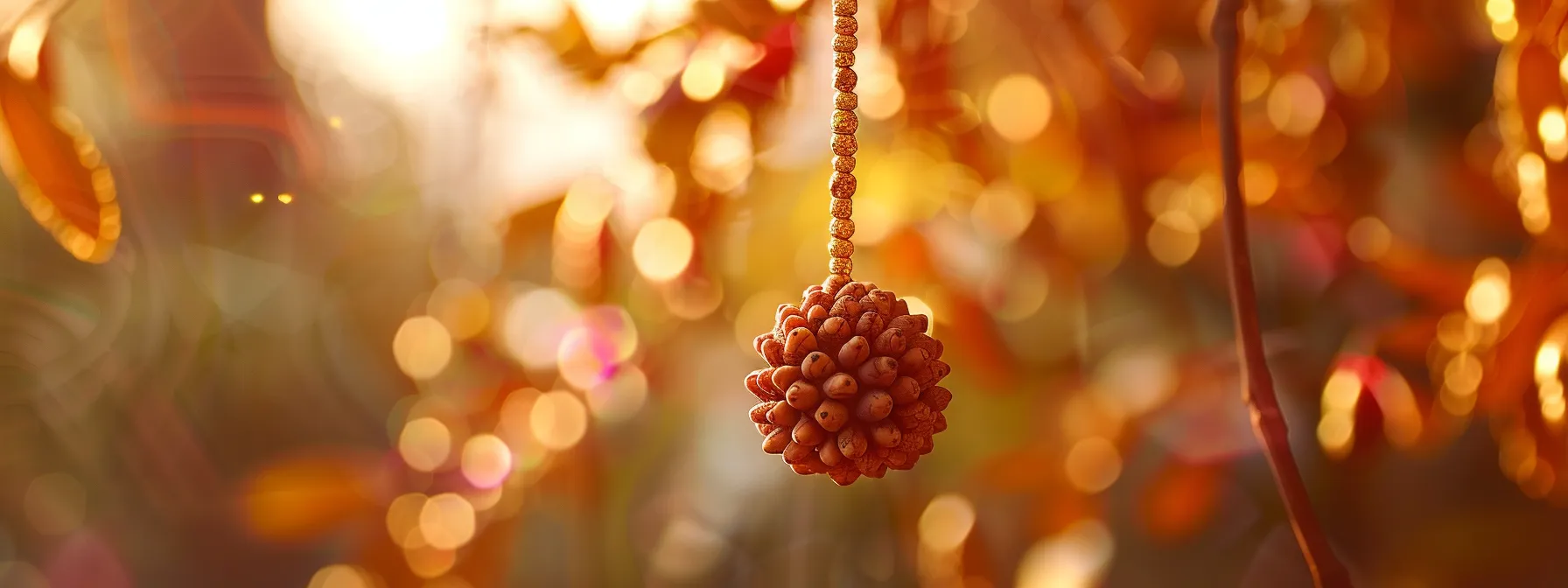 a close-up photo of the eight mukhi rudraksha bead hanging on a golden chain, radiating a powerful aura of spiritual significance and divine connection.