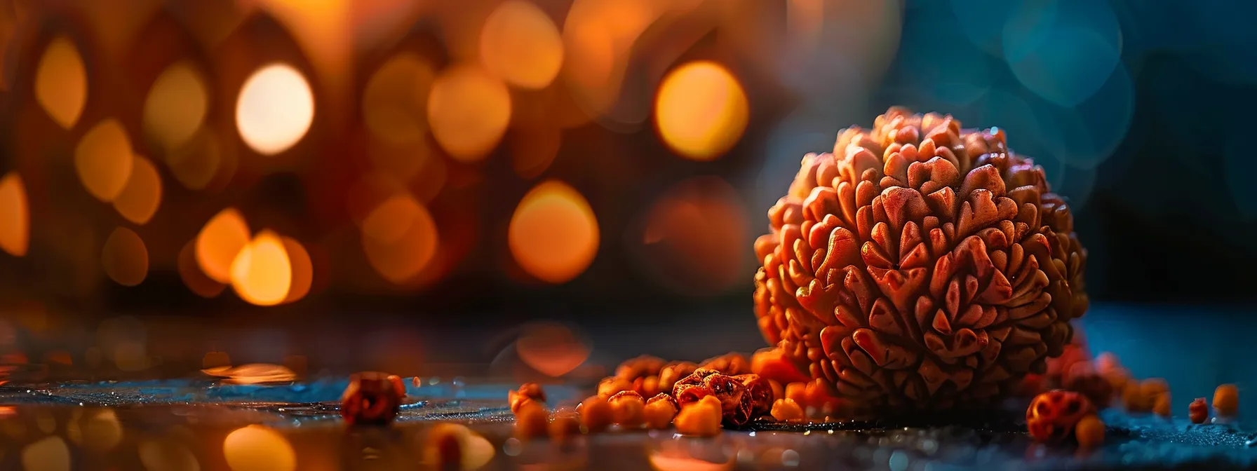 a close-up of a vibrant eight mukhi rudraksha bead, radiating spiritual energy and intricately carved details.