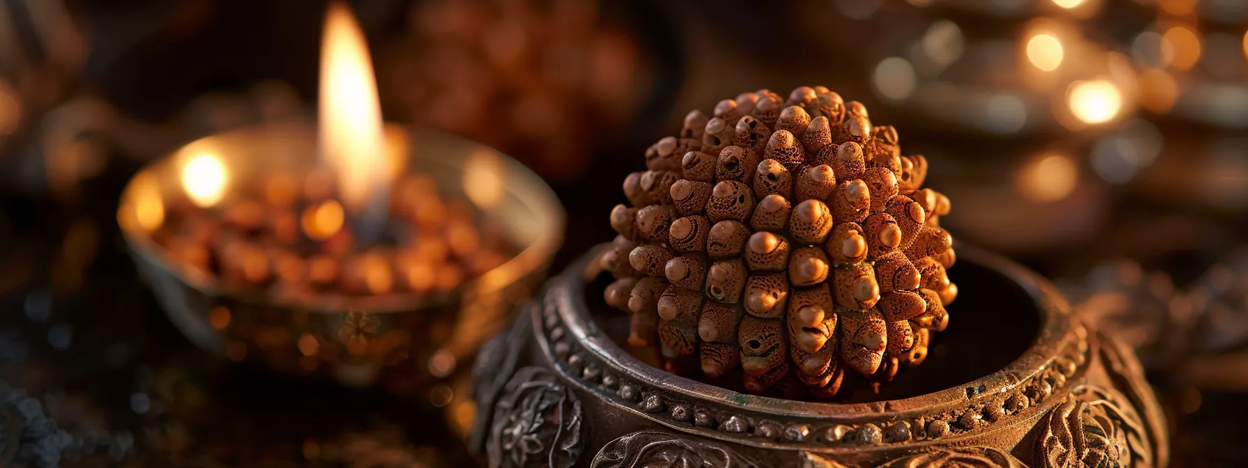 a close-up photo of the twenty mukhi rudraksha, showcasing its intricate texture and unique features associated with kartikeya and varuna.