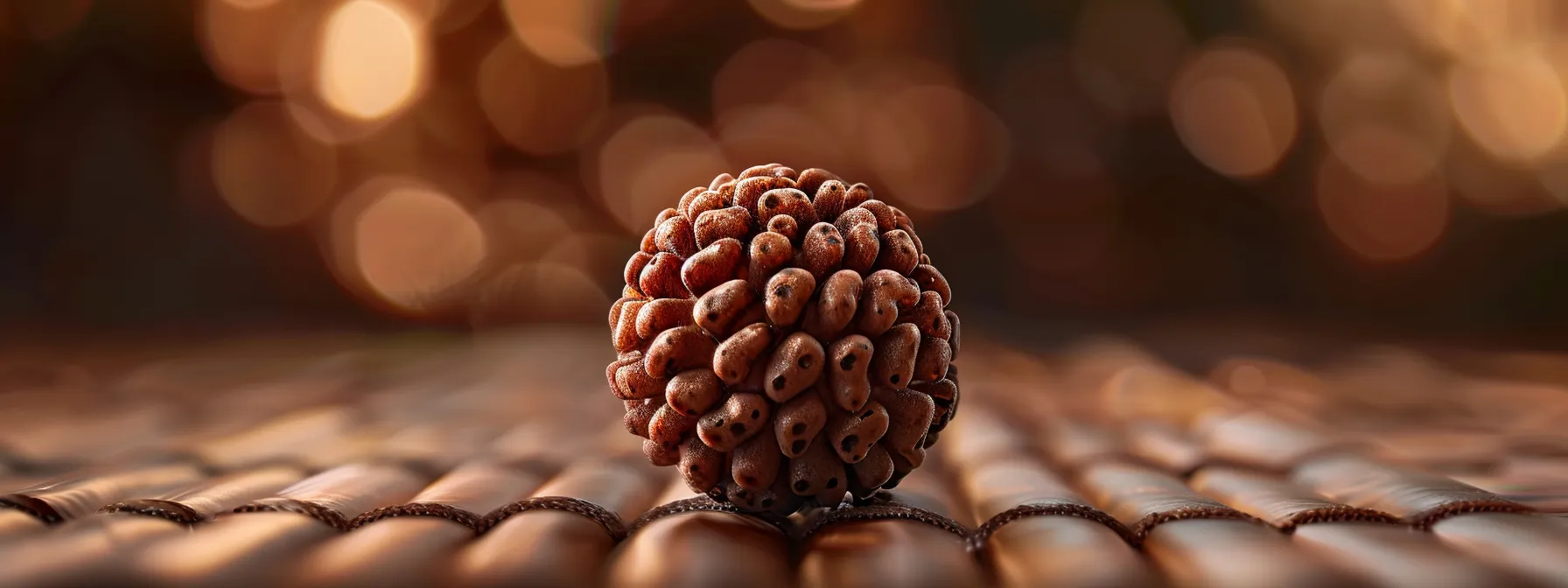 a close-up shot of a shimmering twenty one mukhi rudraksha bead, showcasing its unique and authentic physical traits.