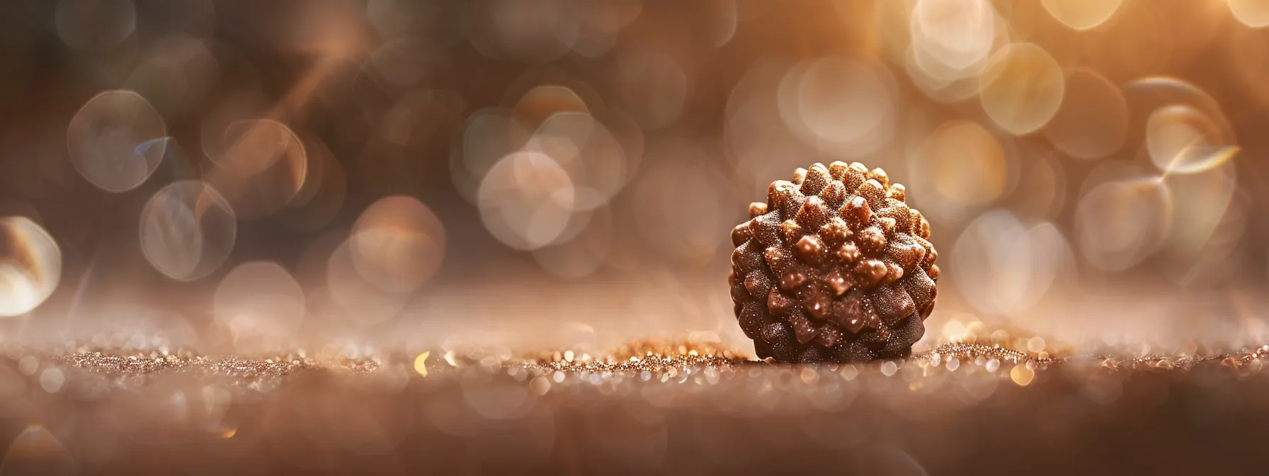 a close-up photo of a shimmering nine mukhi rudraksha bead, radiating a powerful spiritual energy and connection to divine forces.