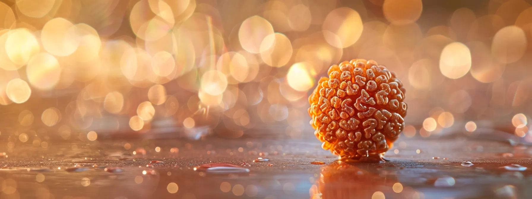 a close-up photo of a shimmering rudraksha bead with a glowing aura, symbolizing its potential impact on physical health and overall wellness.