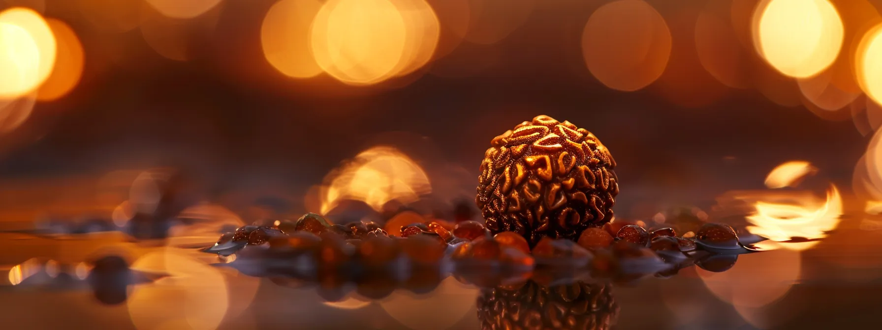 a close-up photo of a shimmering fourteen mukhi rudraksha bead, reflecting divine energies and ancient symbolism.