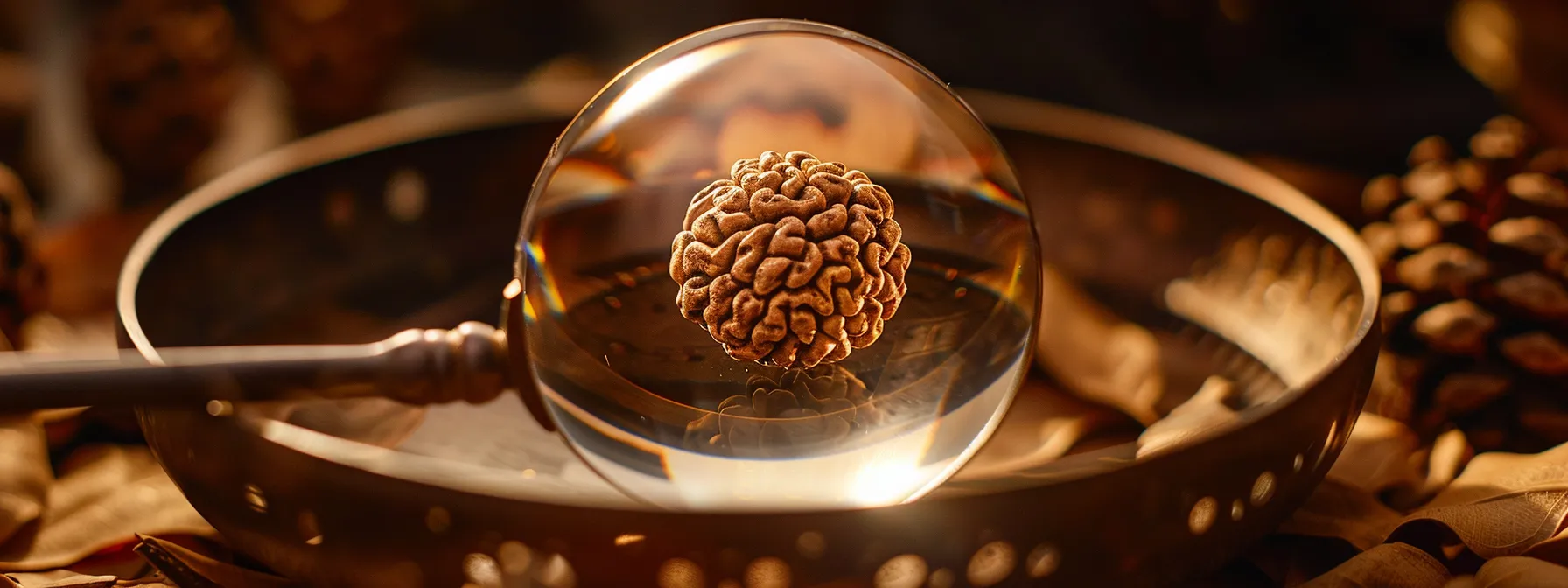 a close-up photo of a one mukhi rudraksha bead under a magnifying glass, showcasing its unique characteristics for authenticity verification.