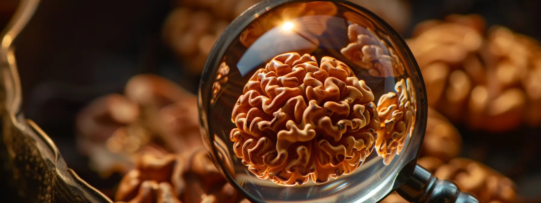 a close-up of a magnifying glass examining the density and natural markings of an eight mukhi rudraksha bead.