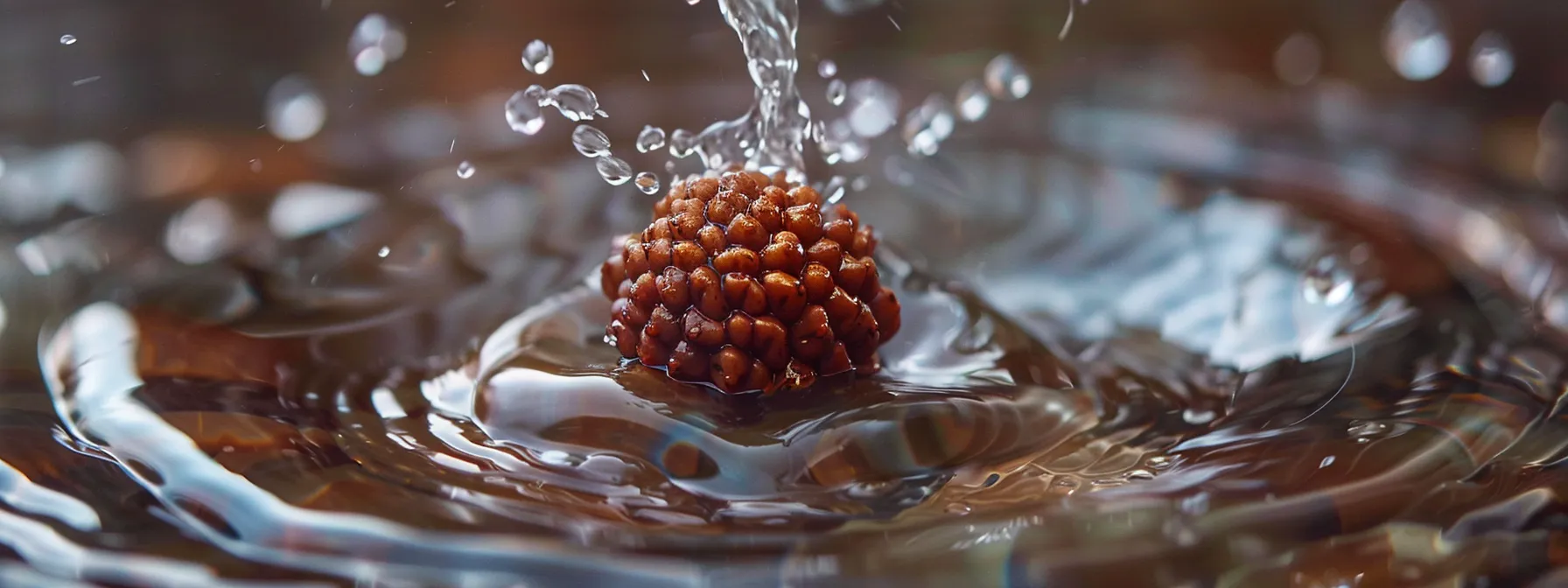 a close-up photo showcasing a nineteen mukhi rudraksha bead being immersed in water for the authenticity test.