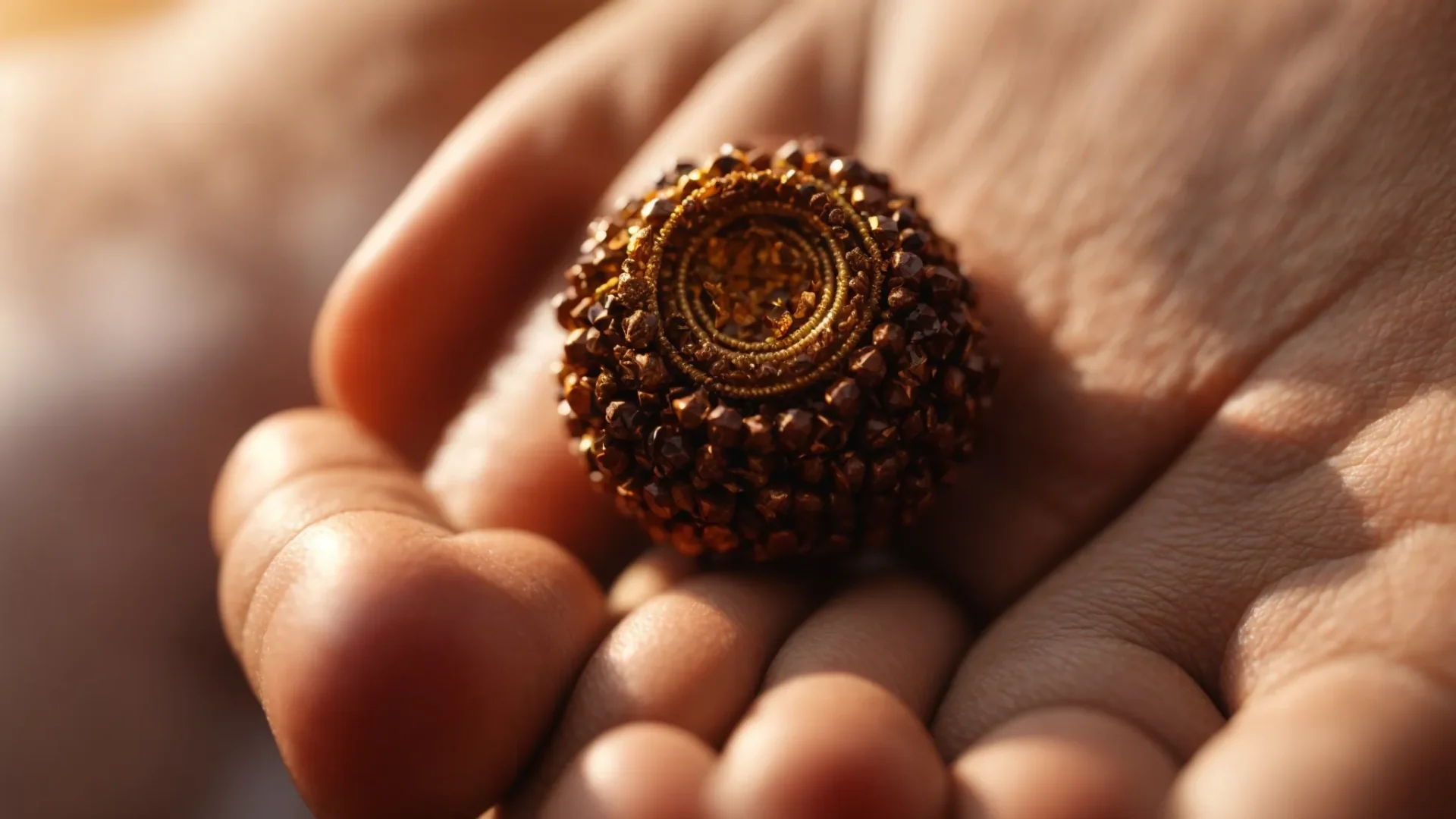 a close-up of a shimmering nine mukhi rudraksha bead held in hand, radiating a sense of divine energy and spiritual significance.