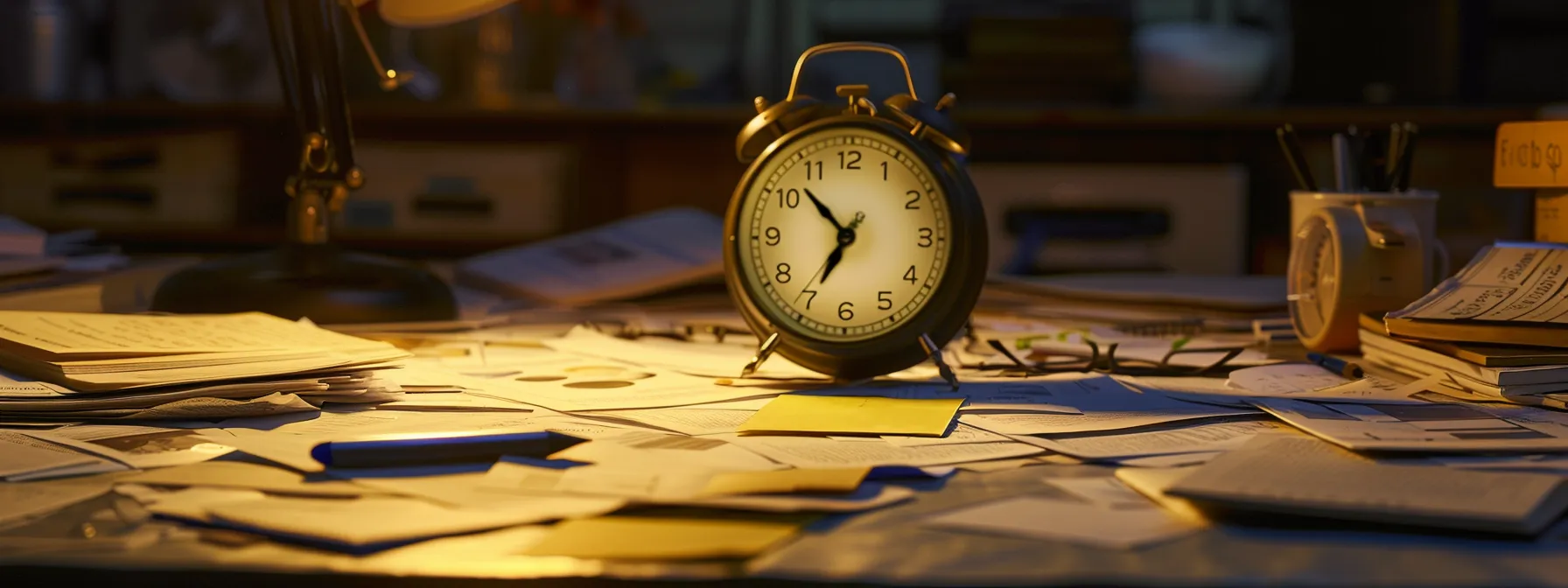 a cluttered desk with scattered papers and a clock ticking away, symbolizing the need to identify and eliminate time wasters for financial success.