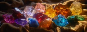 a collection of colorful gemstones arranged on a velvet cushion under soft, natural lighting, showcasing their unique brilliance and significance.