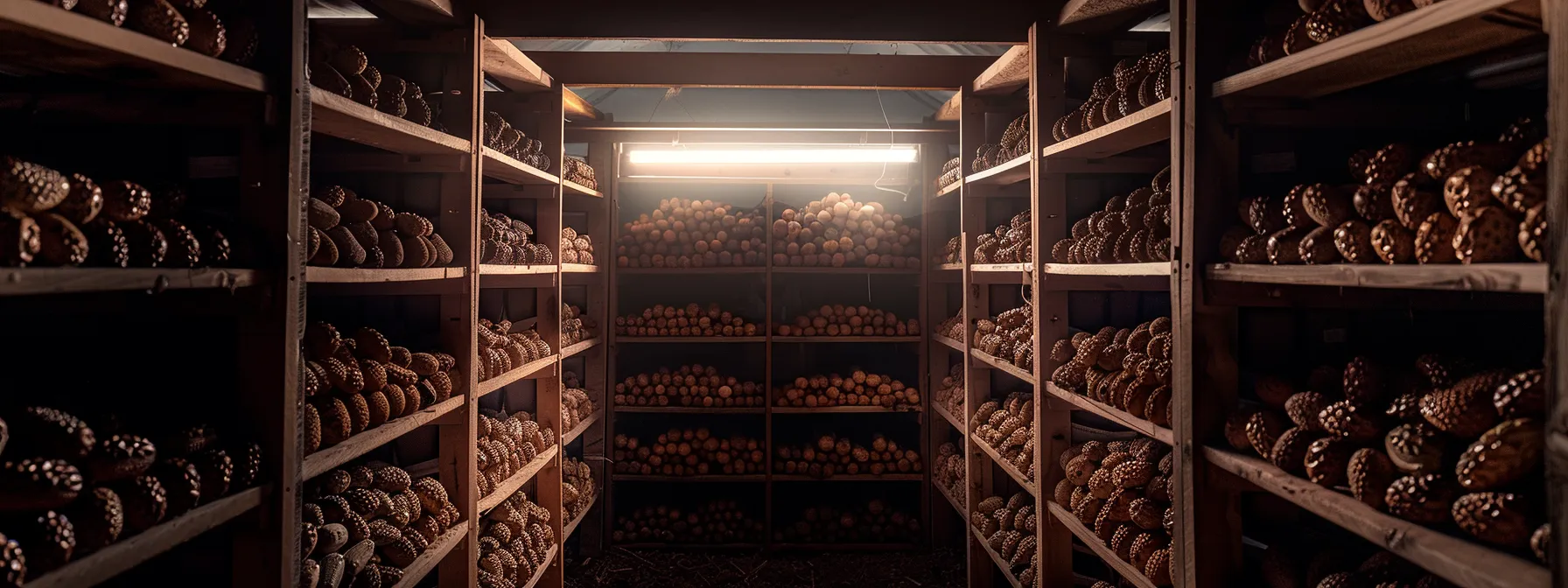 a dark, climate-controlled storage room with shelves of eight mukhi rudraksha beads protected from sunlight and pollutants, ensuring their preservation.