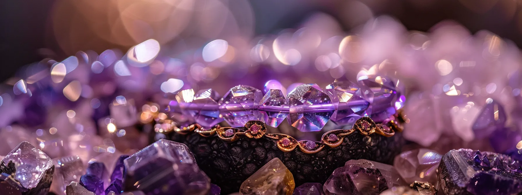 a dazzling amethyst bracelet glistens with deep purple hues, nestled among other glittering gems in a luxurious jewelry box.