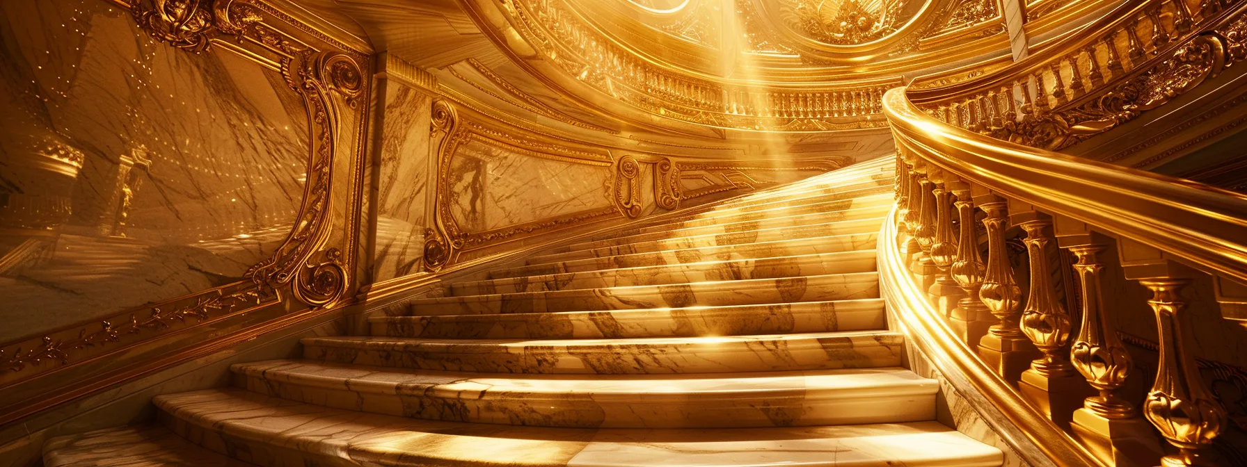 a dazzling golden staircase leading to financial prosperity, inspired by bob proctor's wealth strategies.