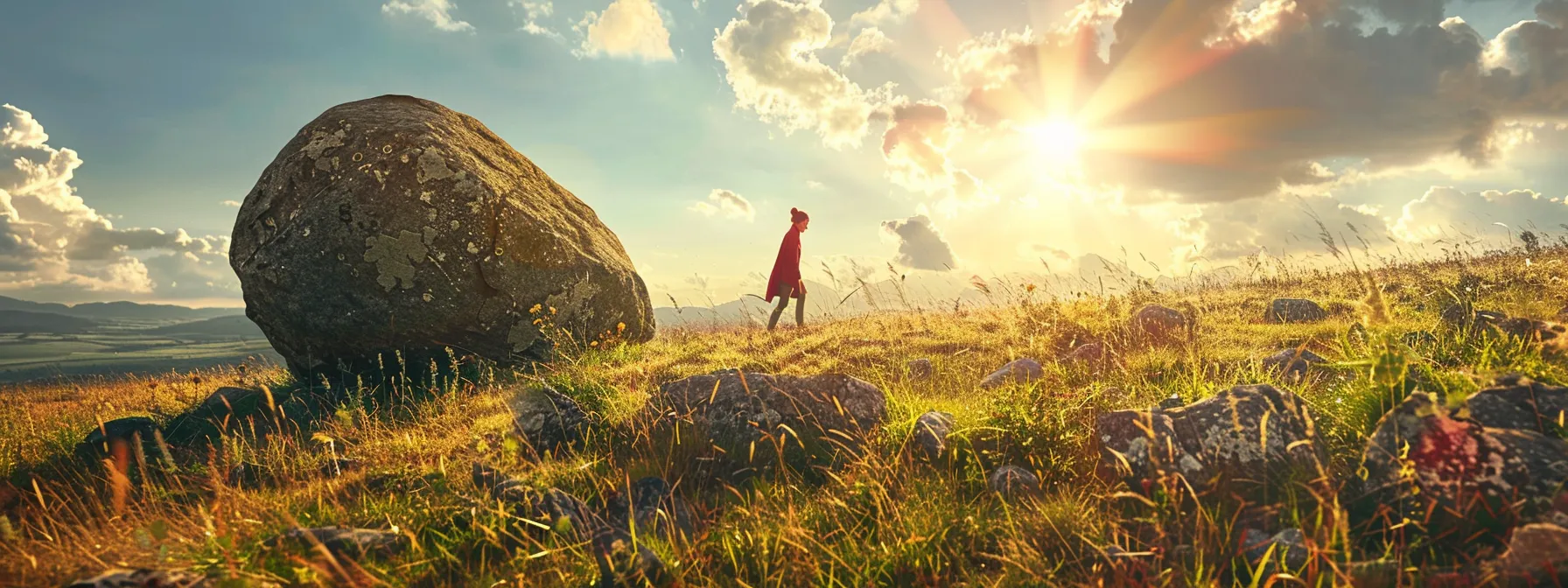 a determined individual confidently stepping over a large boulder blocking their path towards a lush, sunlit field symbolizing abundance.