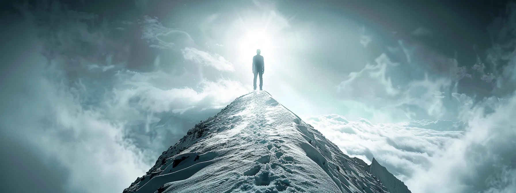 a determined individual standing atop a mountain peak, gazing out at a clear path ahead towards success, with a strategic plan in hand.