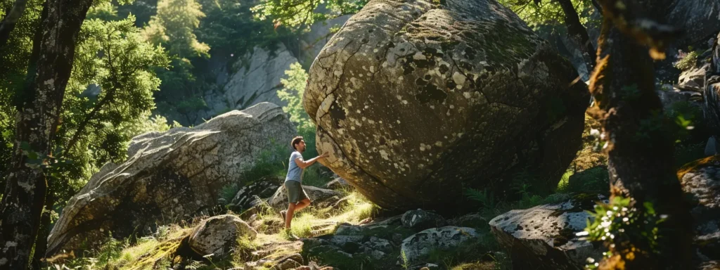 a determined person pushing a large boulder up a steep hill.