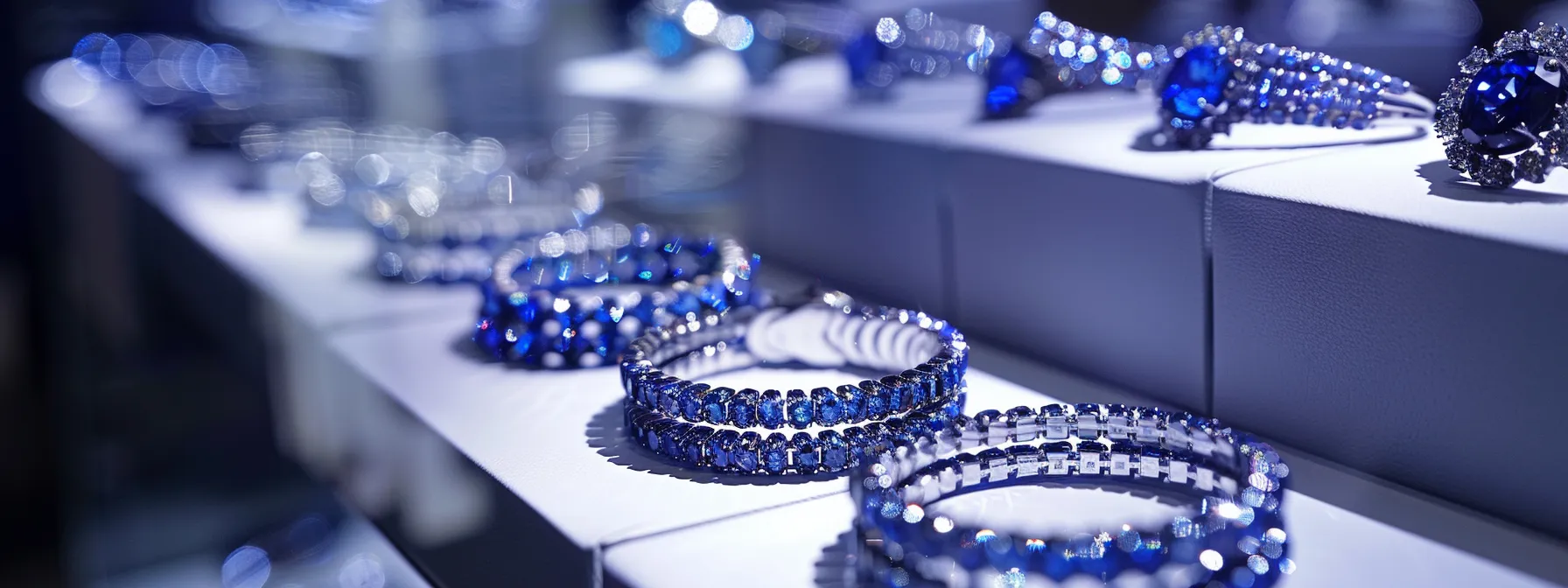 a display of various blue sapphire bracelets, from classic tennis to contemporary cuff styles, showcasing elegance and individuality.