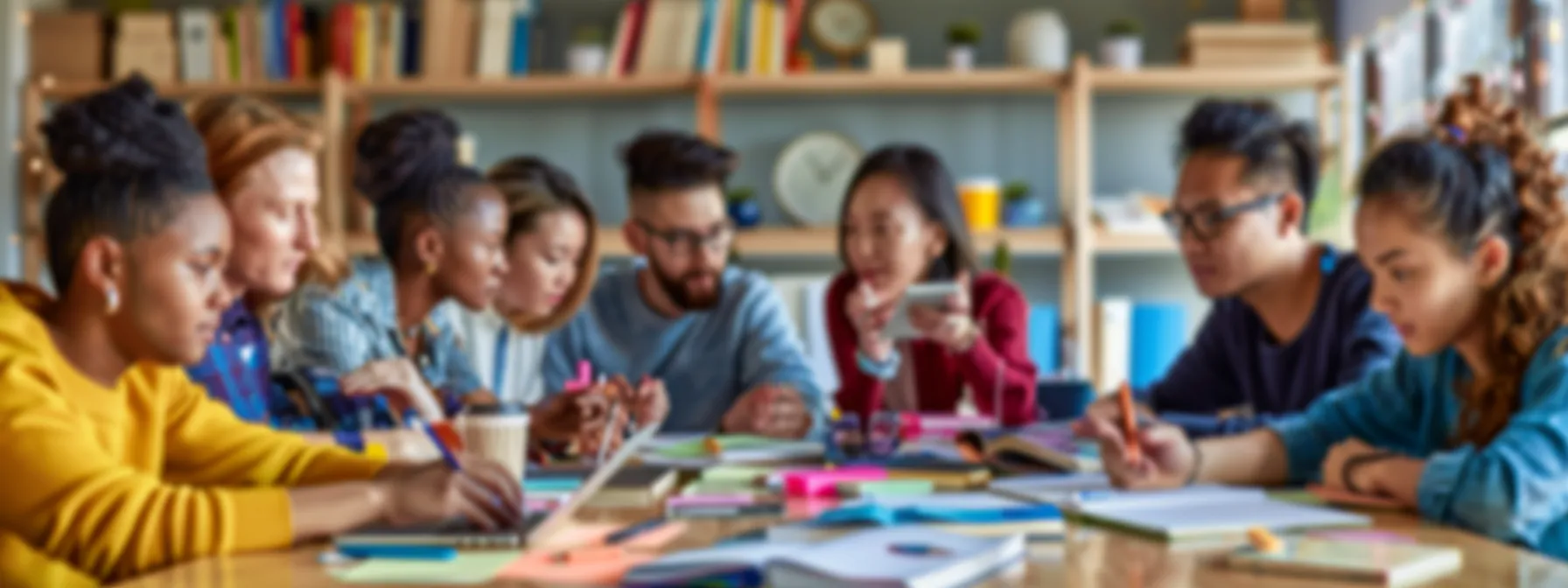 a diverse group of ambitious individuals gathered around a table, engrossed in deep discussion and collaboration, surrounded by books and charts showcasing their shared commitment to financial success.