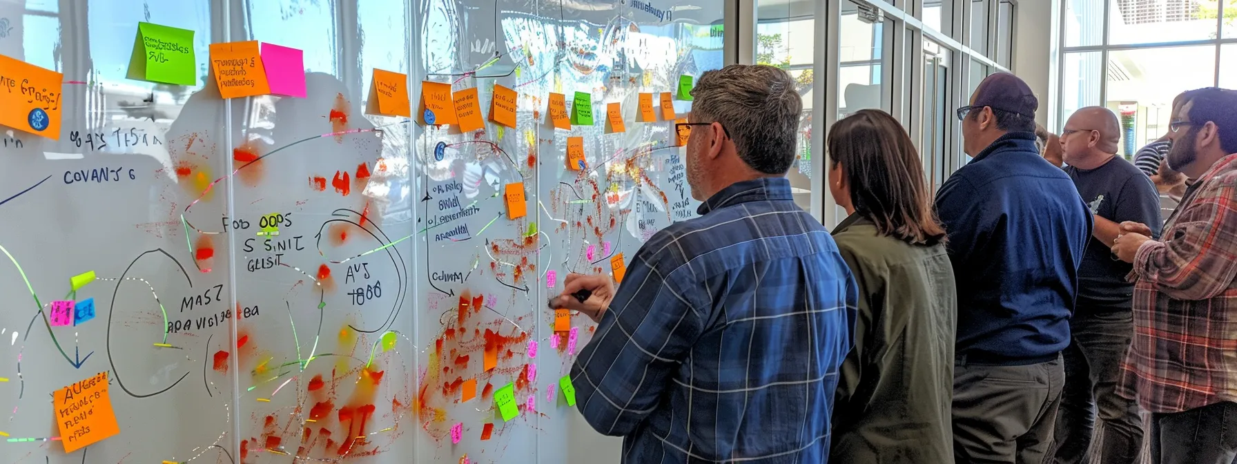 a diverse group of employees brainstorming together with colorful sticky notes on a large whiteboard, symbolizing collaborative goal alignment and creative vision planning.