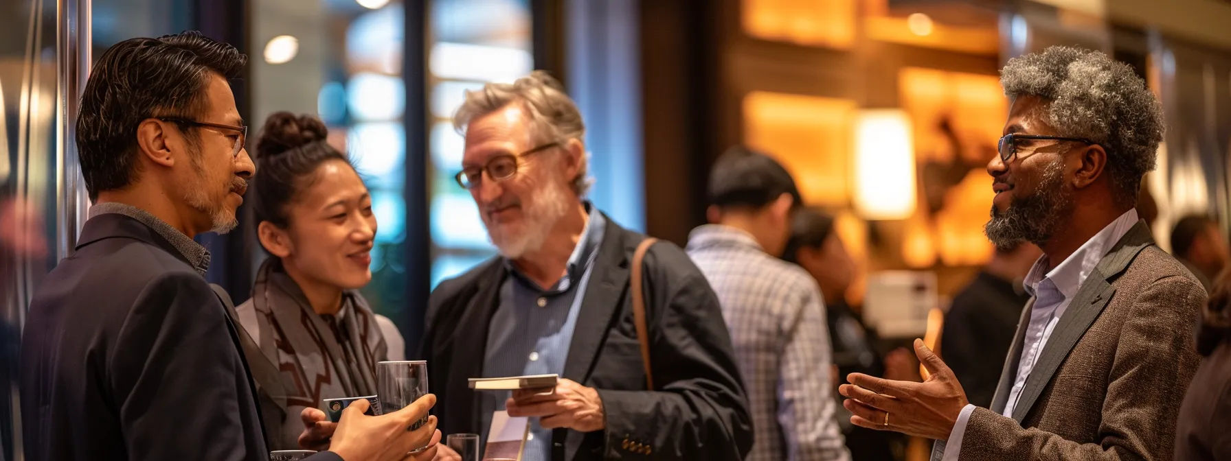 a diverse group of professionals engaging in deep conversation and exchanging business cards at a networking event.