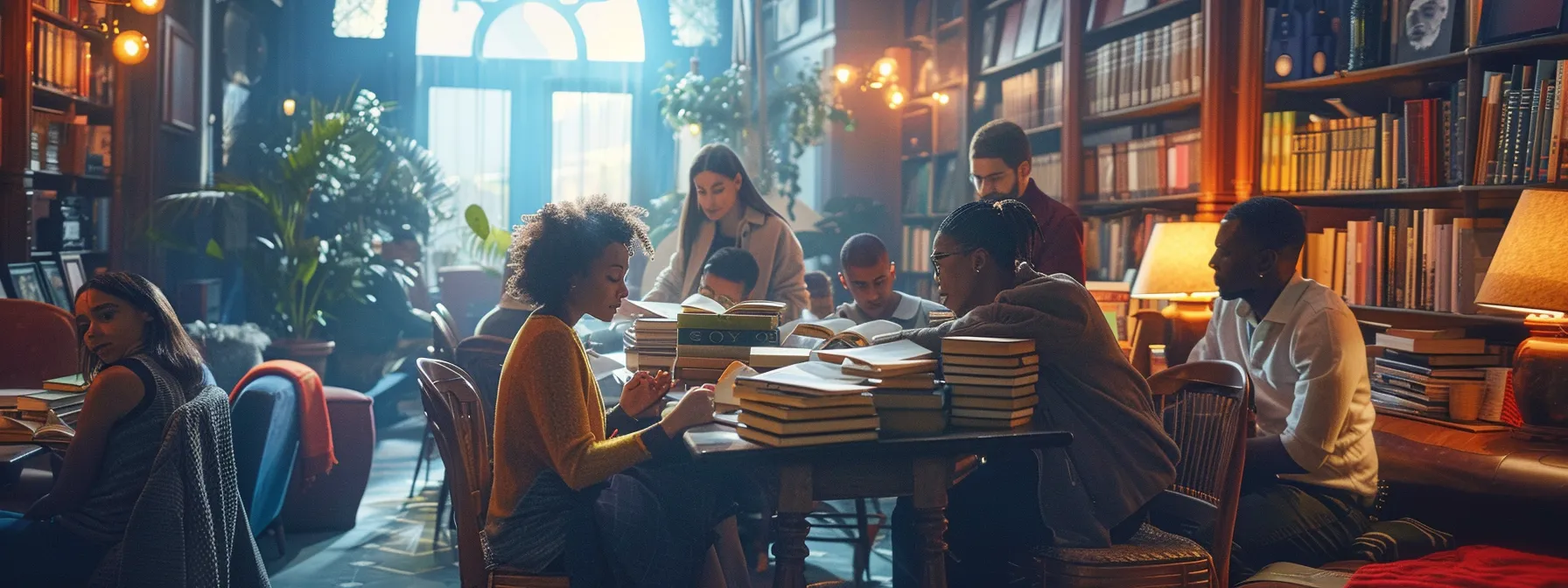 a diverse group of professionals gathered around a table, engaged in deep discussion and brainstorming, surrounded by a stack of books on personal growth and success.