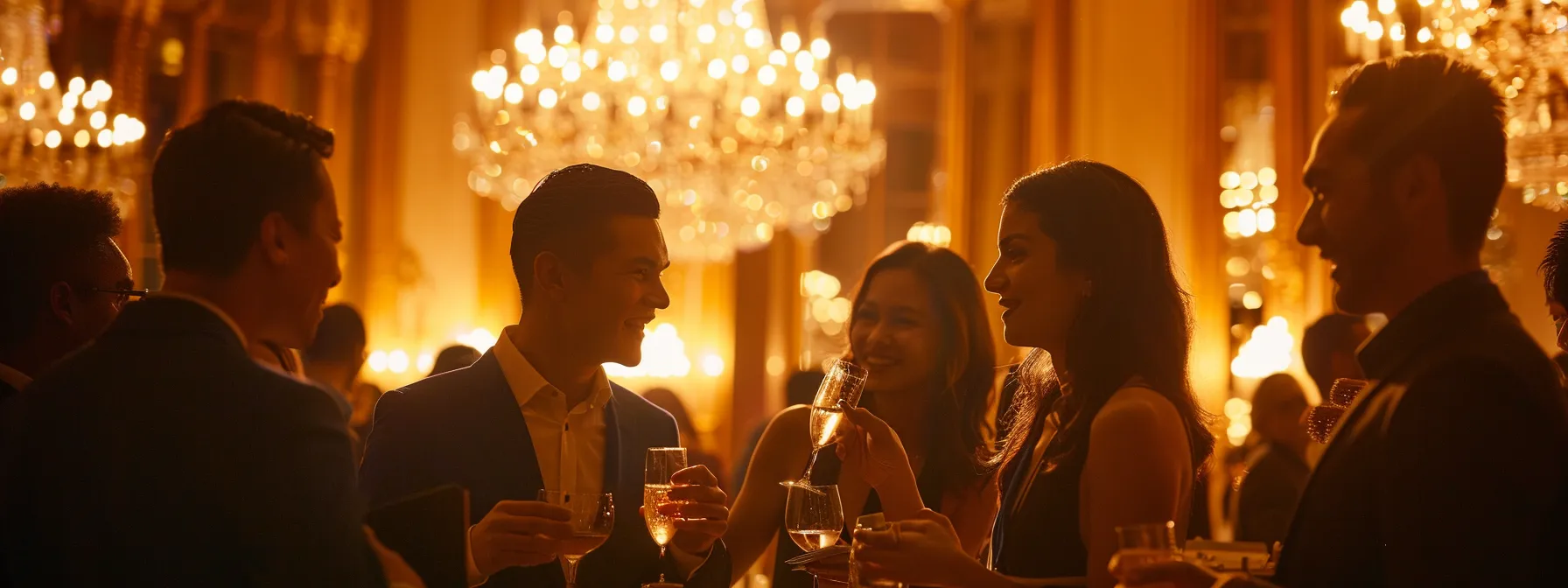 a diverse group of professionals mingling at a lavish networking event, exchanging business cards and engaging in animated conversations, under glamorous chandeliers.