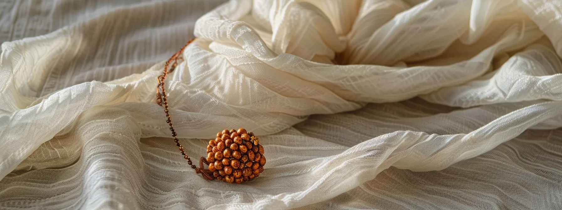 a dusty and dull sixteen mukhi rudraksha pendant lying on a clean white cloth, lacking vibrancy and in need of cleaning.