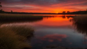 a fiery sunset over a tranquil lake, reflecting the transformative energy of sexual transmutation.