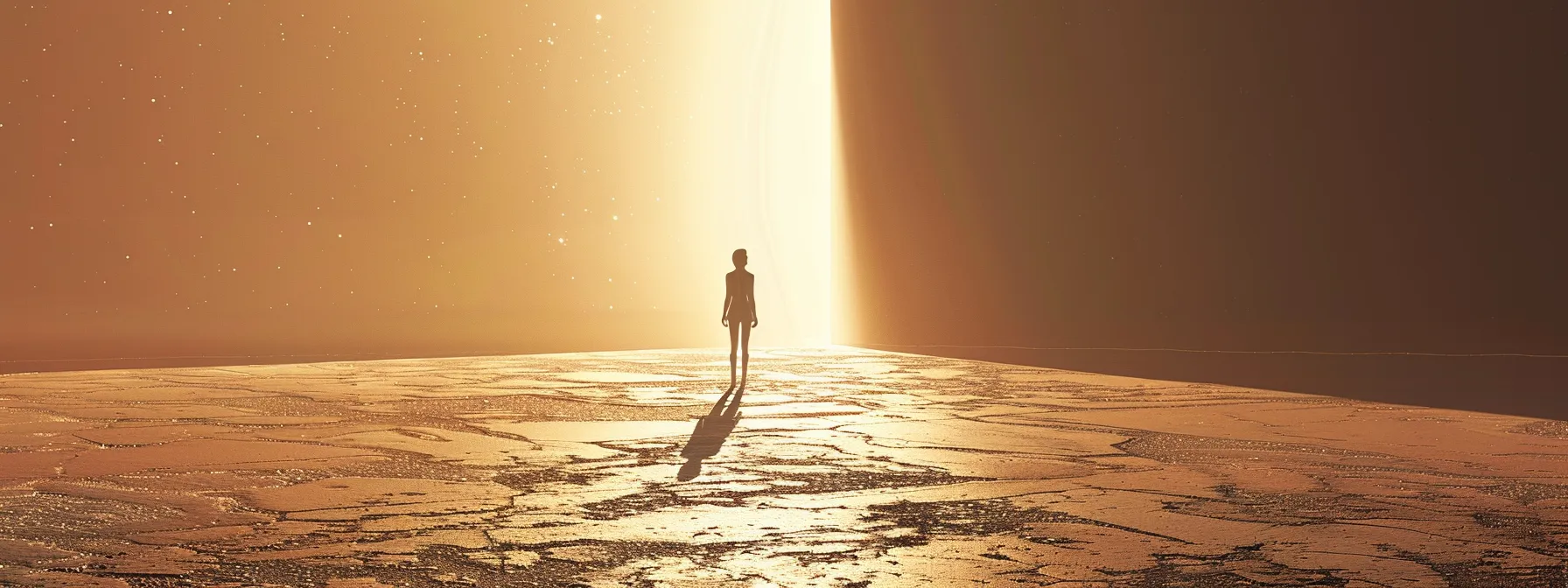 a figure standing at the edge of a vast, expansive universe, reflecting the concept of quantum leaps in success.