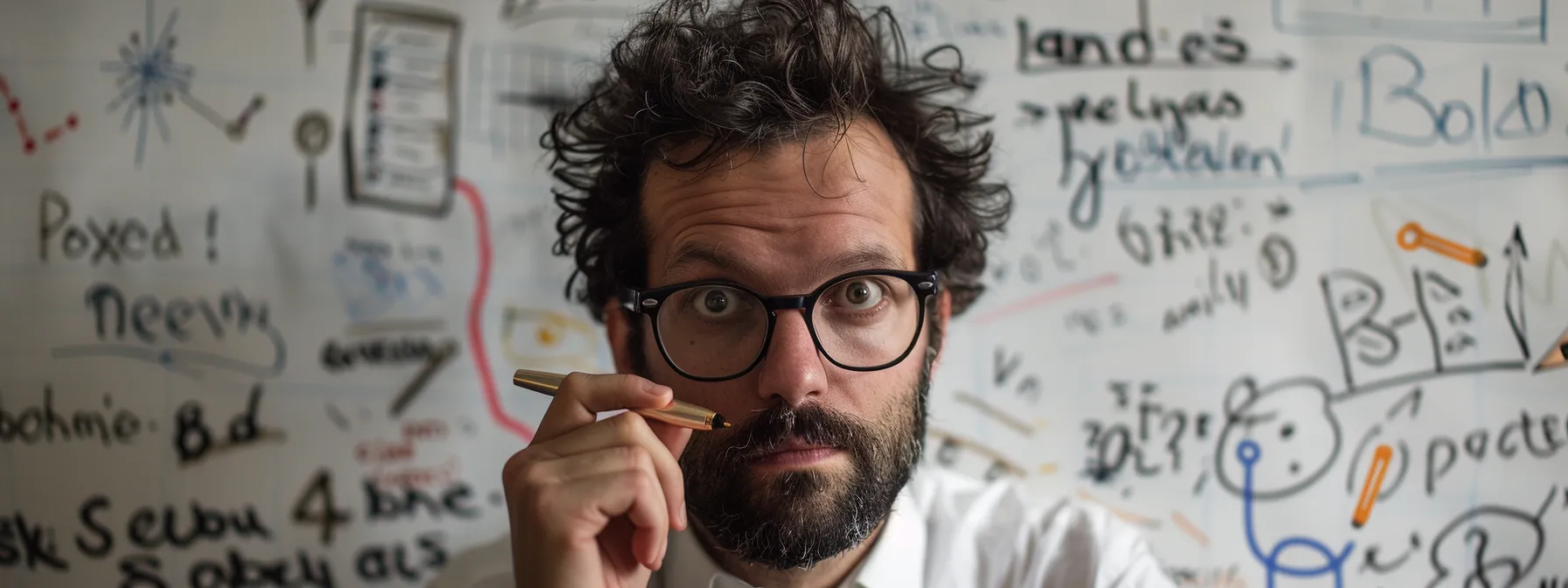 a focused, determined entrepreneur surrounded by a whiteboard filled with innovative ideas, holding a pen ready to take action.