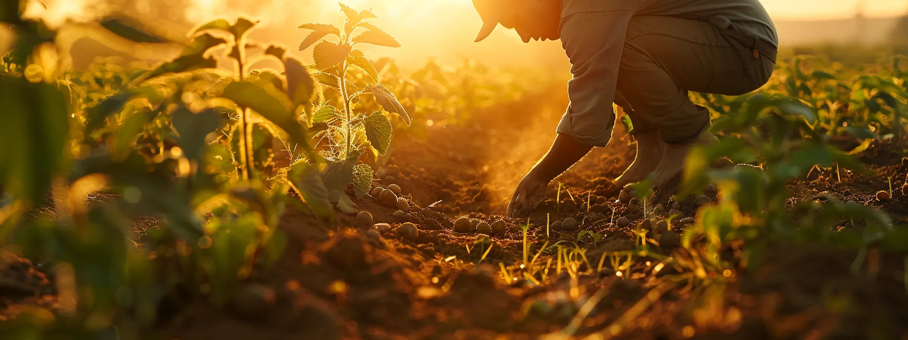 a focused individual planting seeds amidst a field of distracting obstacles and doubts, with a clear path towards abundance in the background.