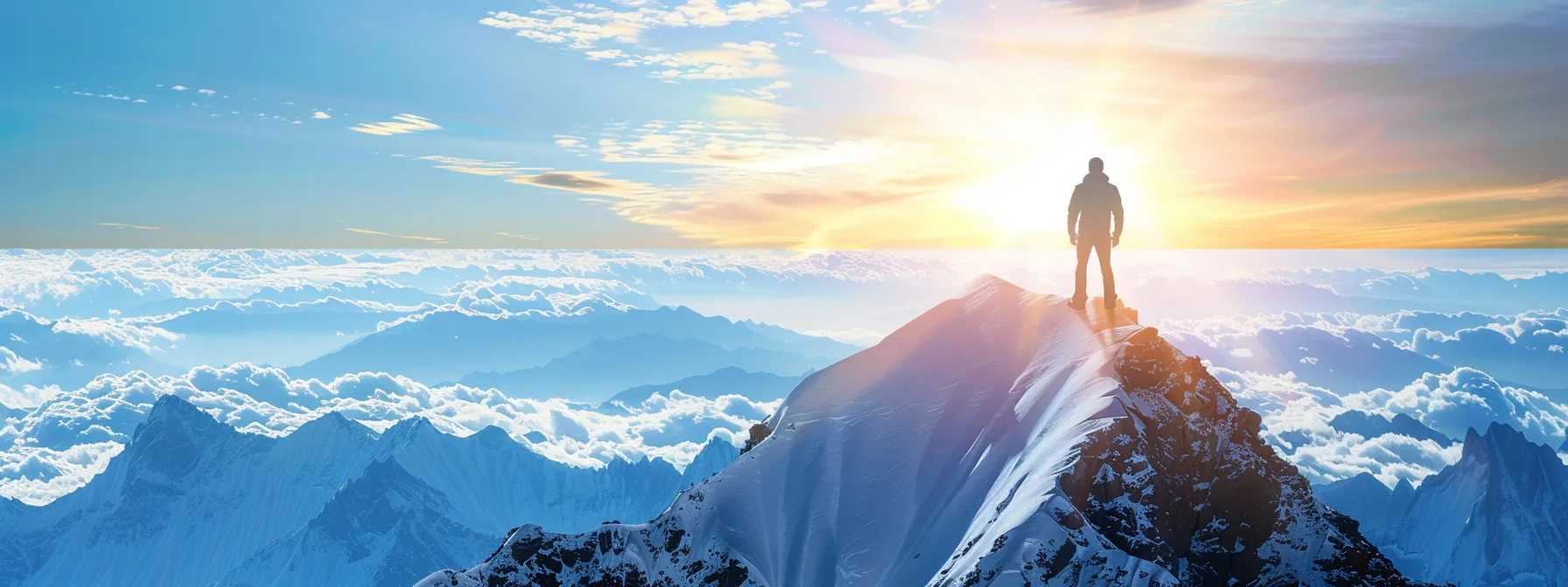 a focused individual standing on a mountain peak, gazing at a clear path ahead towards financial success.