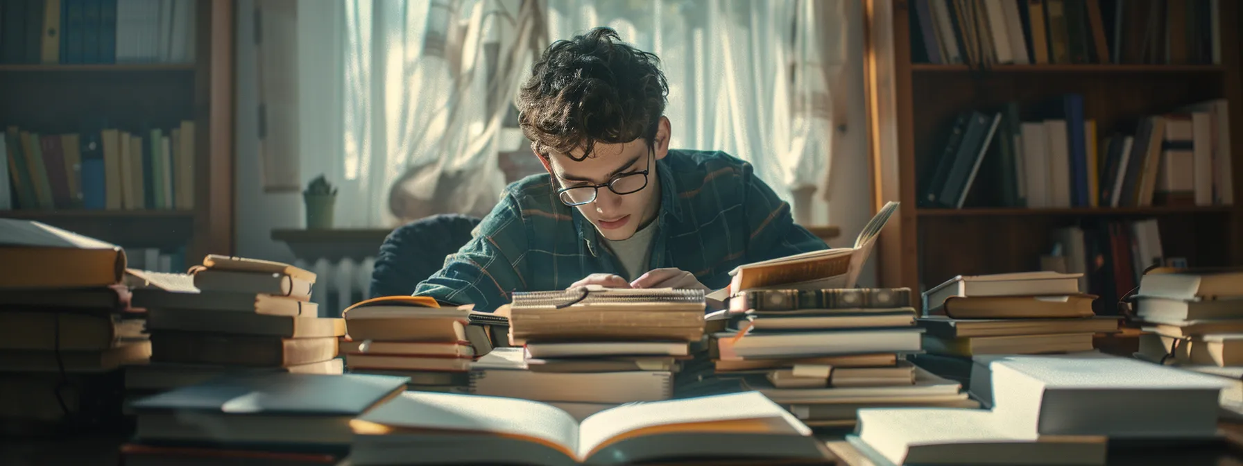 a focused individual studying a stack of specialized books, surrounded by notes and a laptop, highlighting the pursuit of continuous learning and skill development for personal growth.