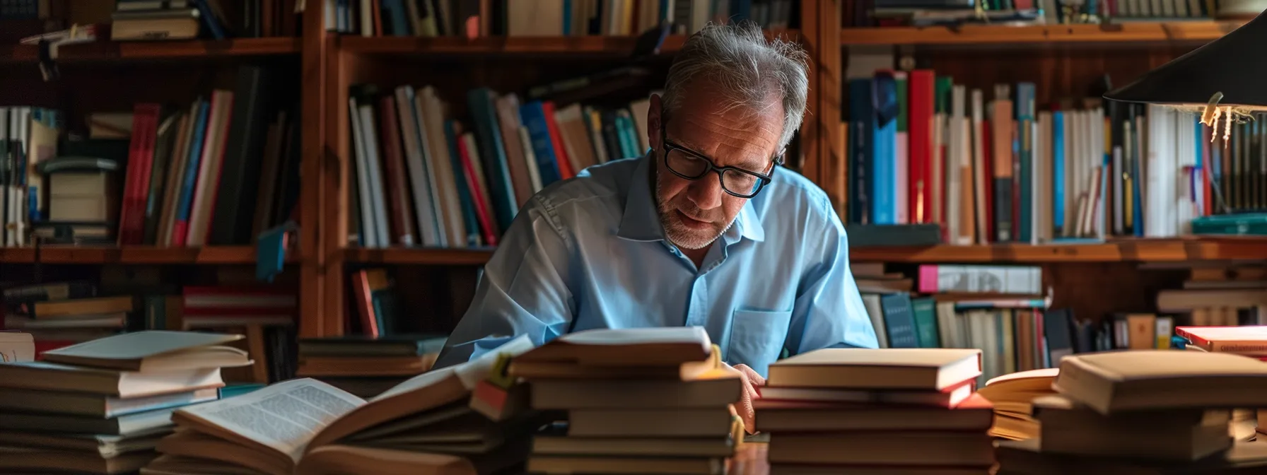 a focused individual surrounded by books and mentors, setting clear intentions and seeking guidance to master problem-solving techniques in thinking into results.