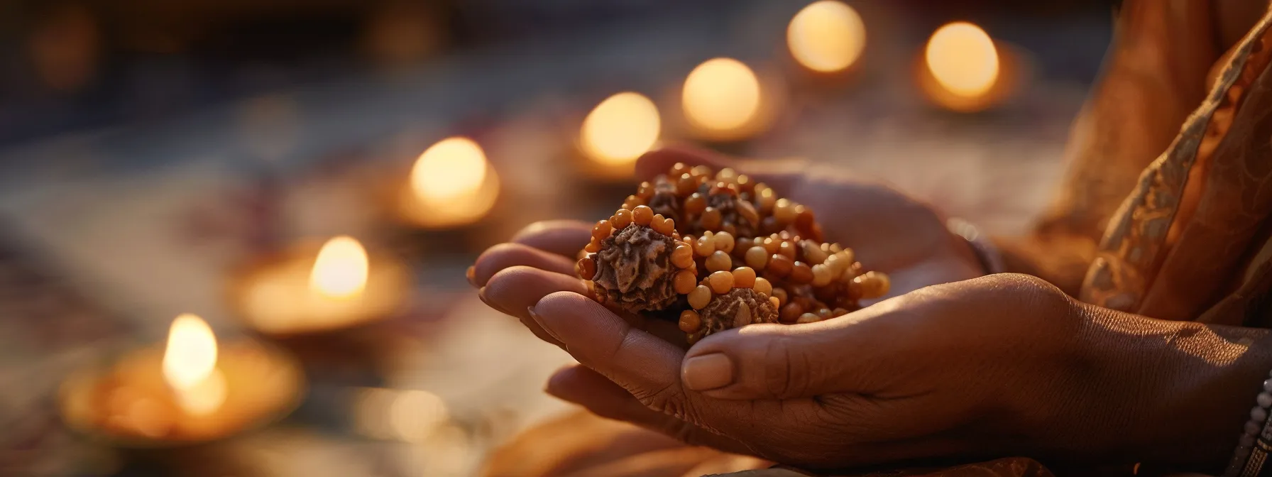 a focused shot of a person meditating with a three mukhi rudraksha bead clasped between their fingers, bathed in the soft glow of candlelight.