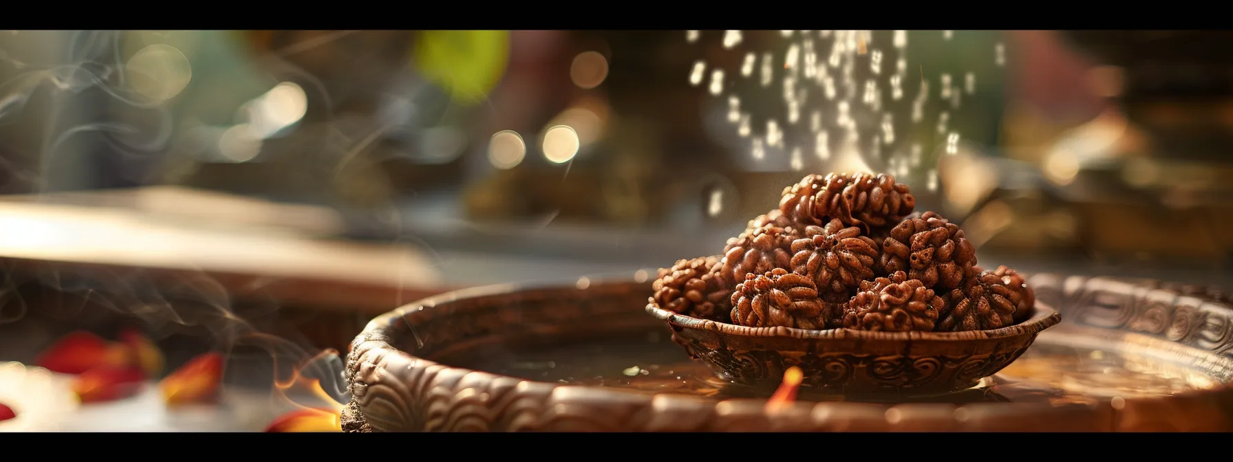 a four mukhi rudraksha bead being cleansed and energized in a peaceful, serene setting.