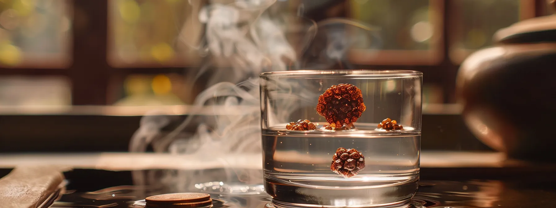 a four mukhi rudraksha floating in a clear glass of water, with a copper coin nearby and a pot of boiling water in the background.