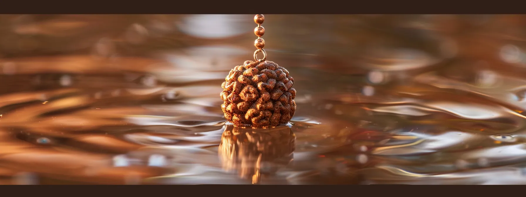 a fourteen mukhi rudraksha suspended in water, magnified to reveal any artificial additions, with a copper coin nearby to evaluate its magnetism and authenticity.