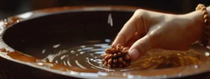 a gleaming sixteen mukhi rudraksha bead being gently wiped clean with a soft cloth, revealing its intricate details and natural beauty.