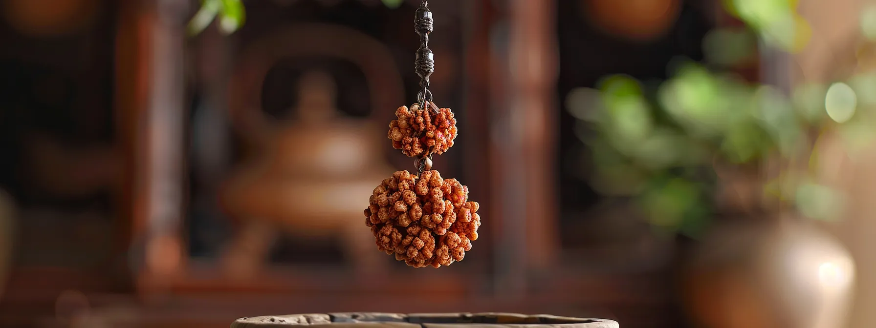 a gleaming twenty mukhi rudraksha necklace hanging on a rustic wooden stand, reflecting ancient healing traditions and holistic approaches.